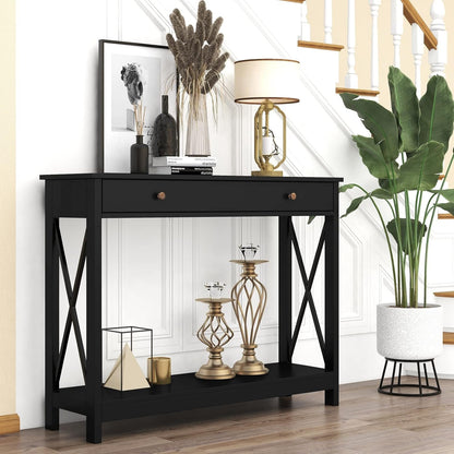 Mesa consola de diseño Oxford con cajón y estantes de almacenamiento, mesa de