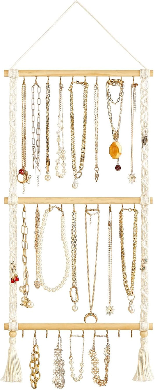 Dahey Organizador de joyas colgante de macramé con 30 ganchos montado en la