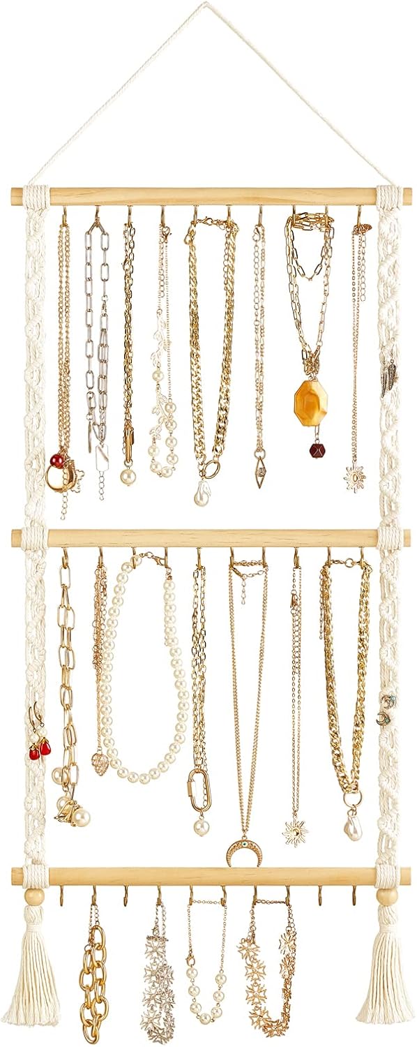 Dahey Organizador de joyas colgante de macramé con 30 ganchos montado en la