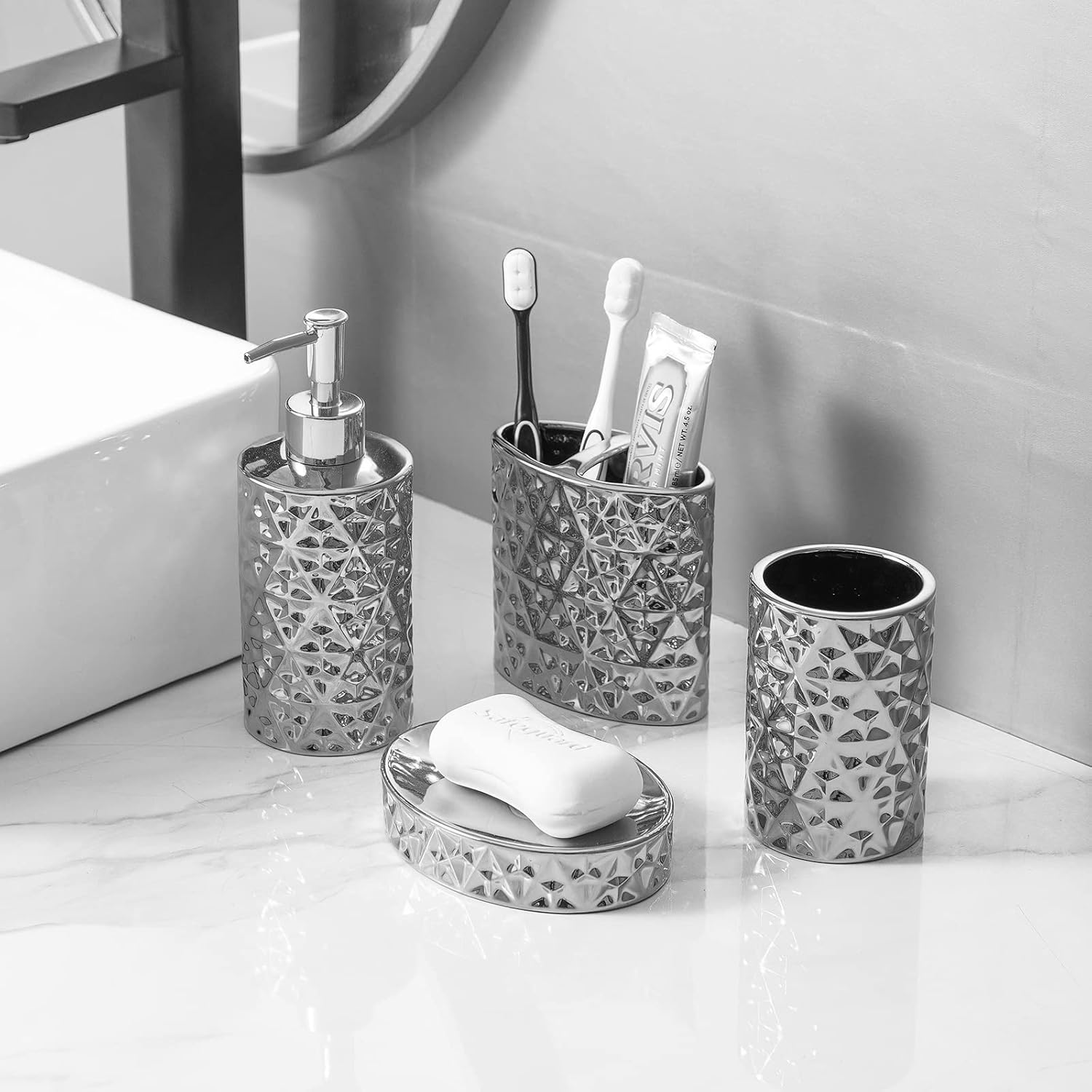 Juego de accesorios de baño plateados, juego completo de accesorios de baño de...
