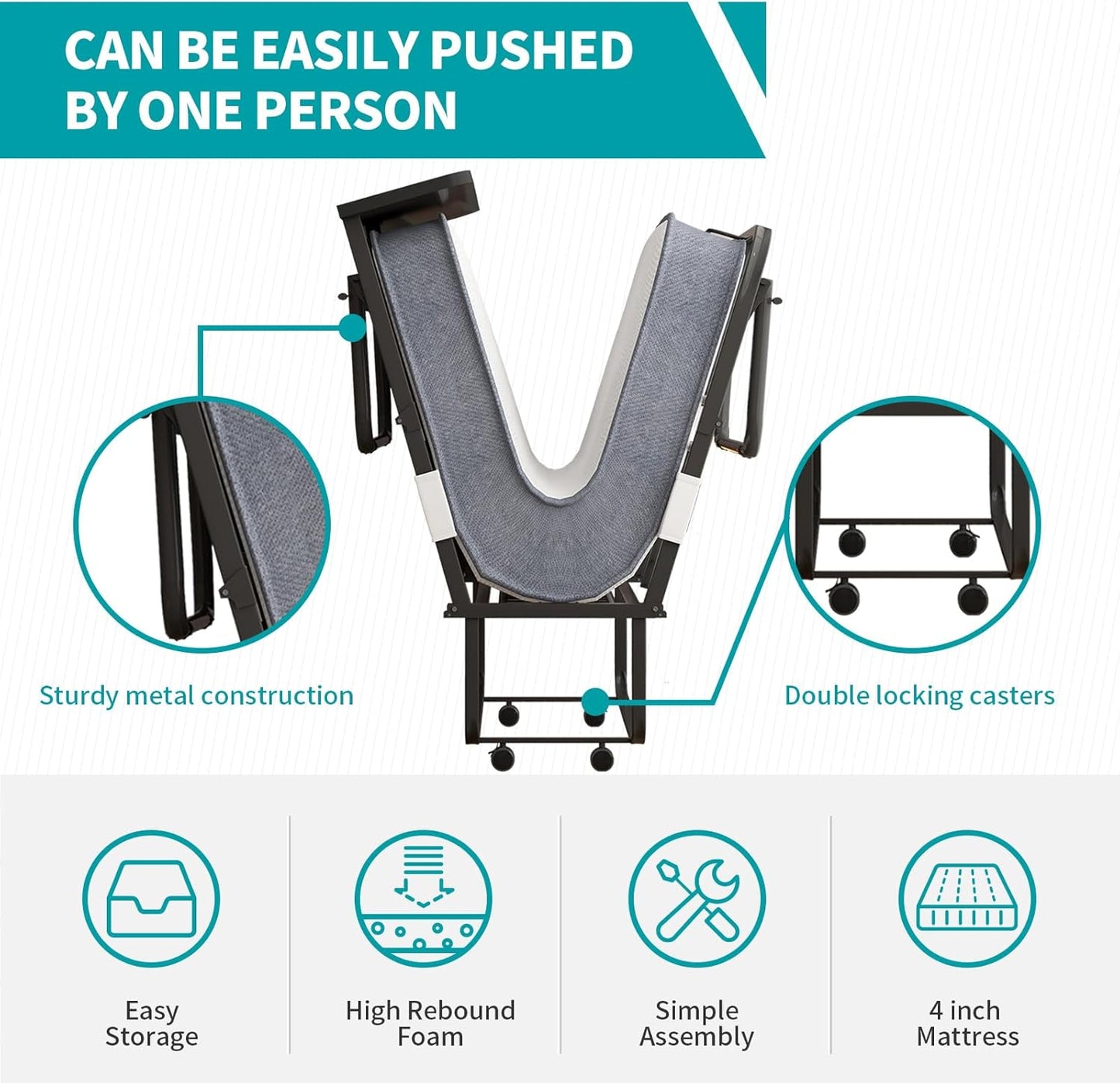 Cama plegable con colchón para adultos, cama plegable de 75 pulgadas de largo x
