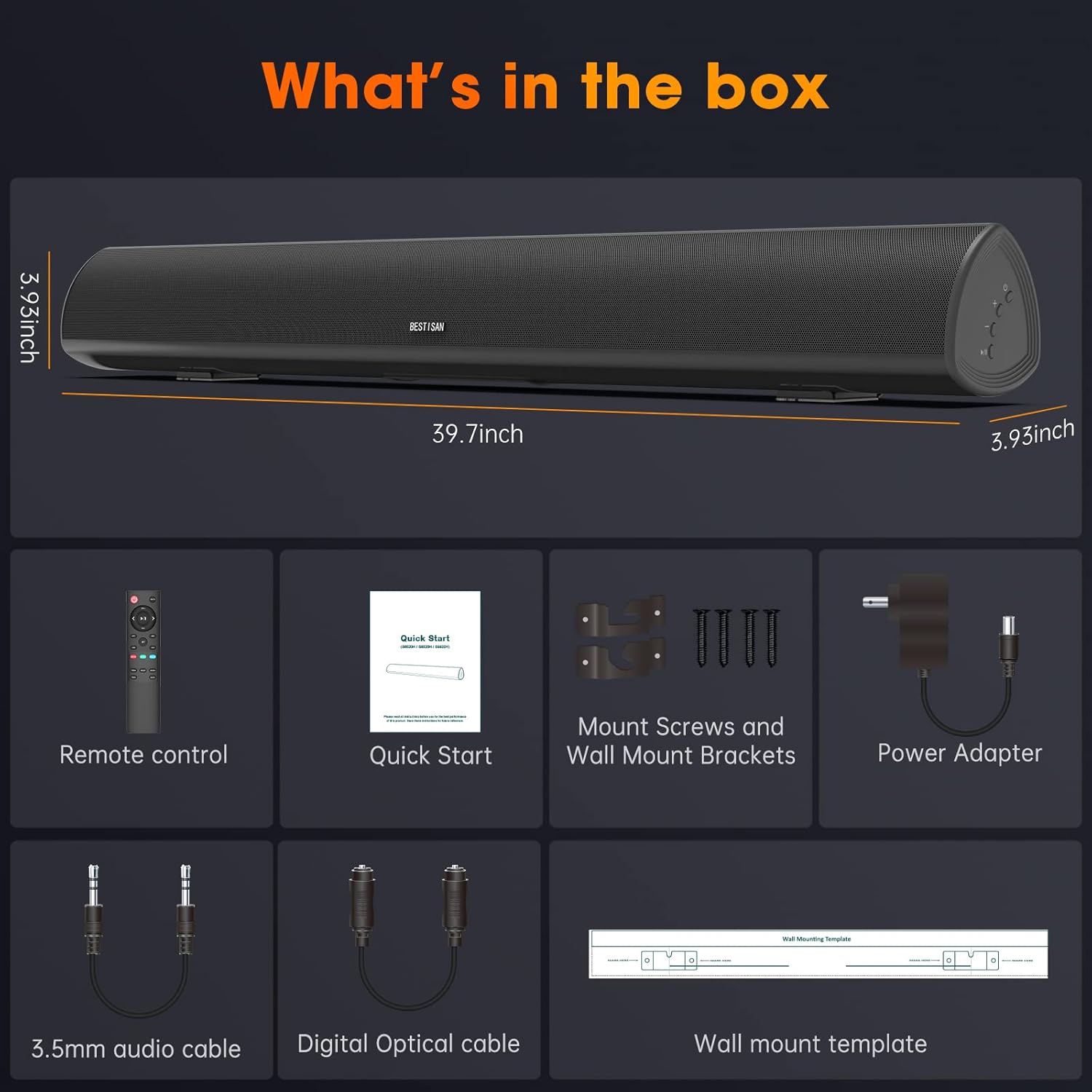 BESTISAN Barra de sonido de 100 vatios y 40 pulgadas, barra de sonido...