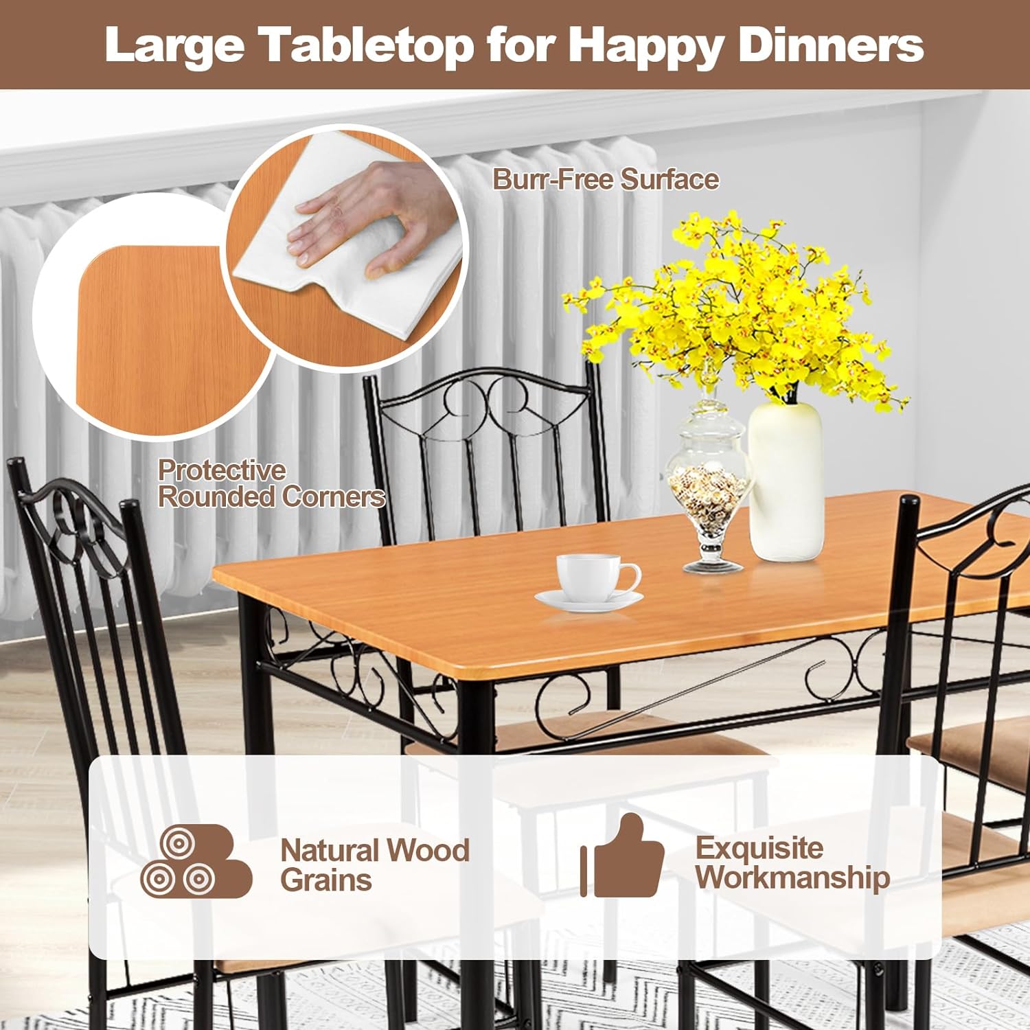 Juego de mesa de comedor de 5 piezas, mesa de comedor y sillas acolchadas con