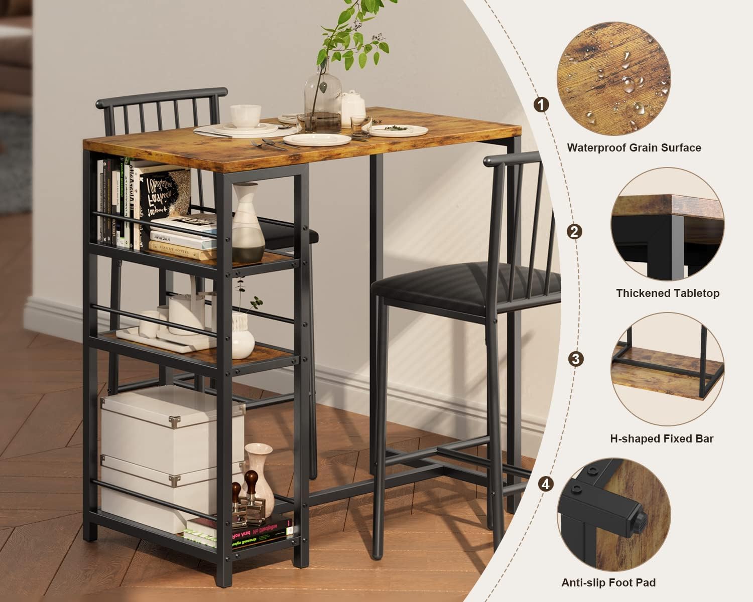 Juego de mesa de comedor para 2 personas con 3 estantes de almacenamiento, mesa