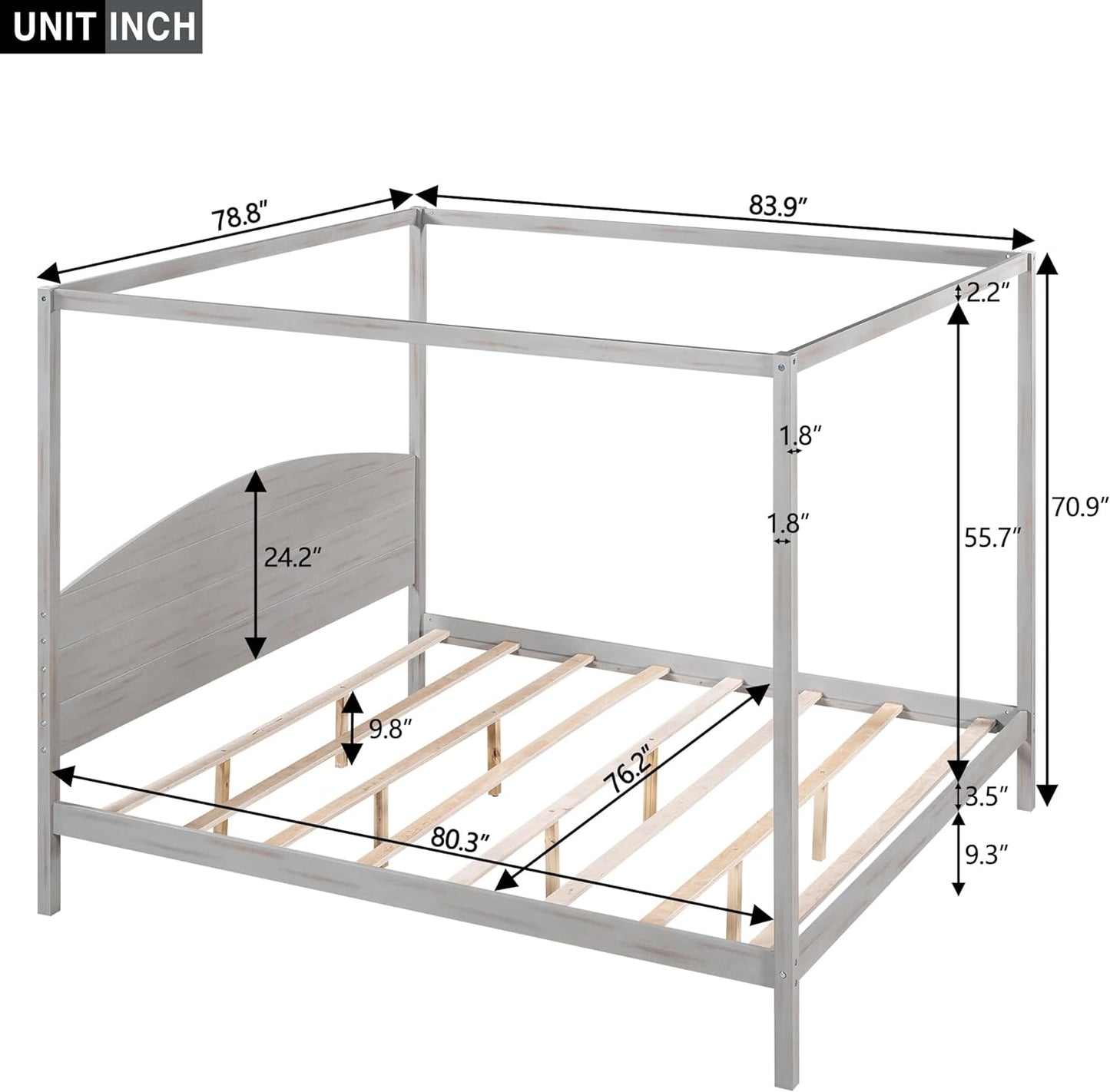 Cama con dosel tamaño King con plataforma de madera con 4 pósters, cabecera y...