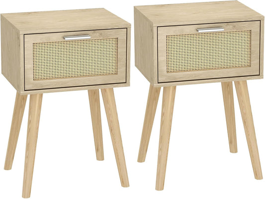 LAATOOREE Juego de 2 mesitas de noche, mesa auxiliar bohemia con pies de madera...