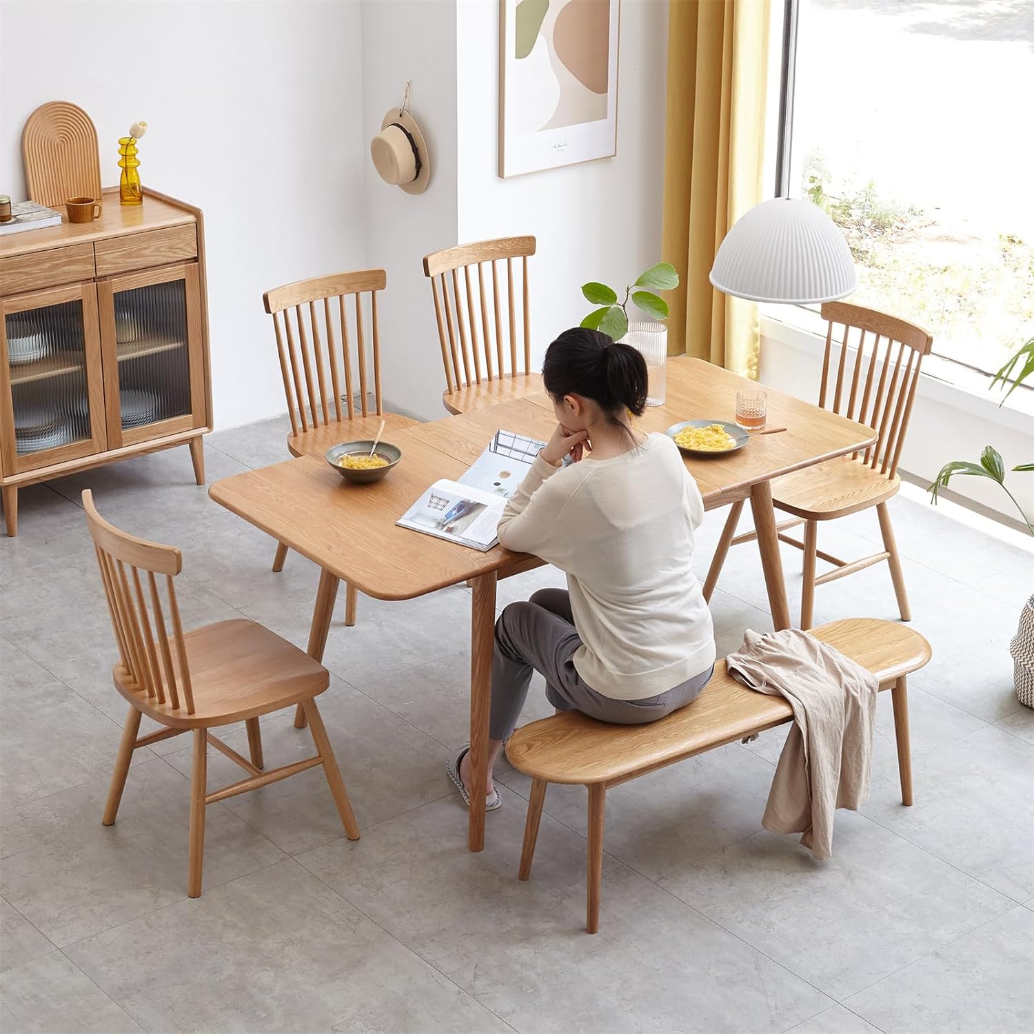 Banco de comedor de madera para interiores, banco de mesa de roble para