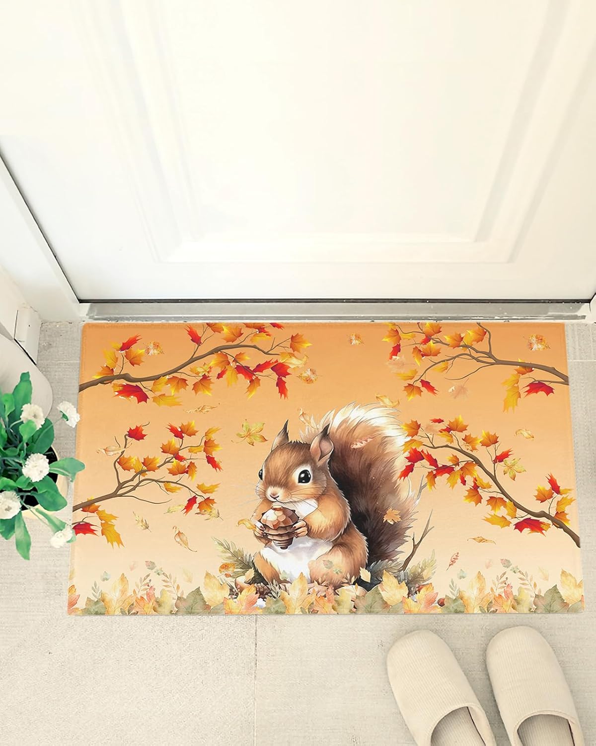 Shag Door Mats Bath Rugs Thanksgiving Squirrel Autumn Maple Leaf Orange...