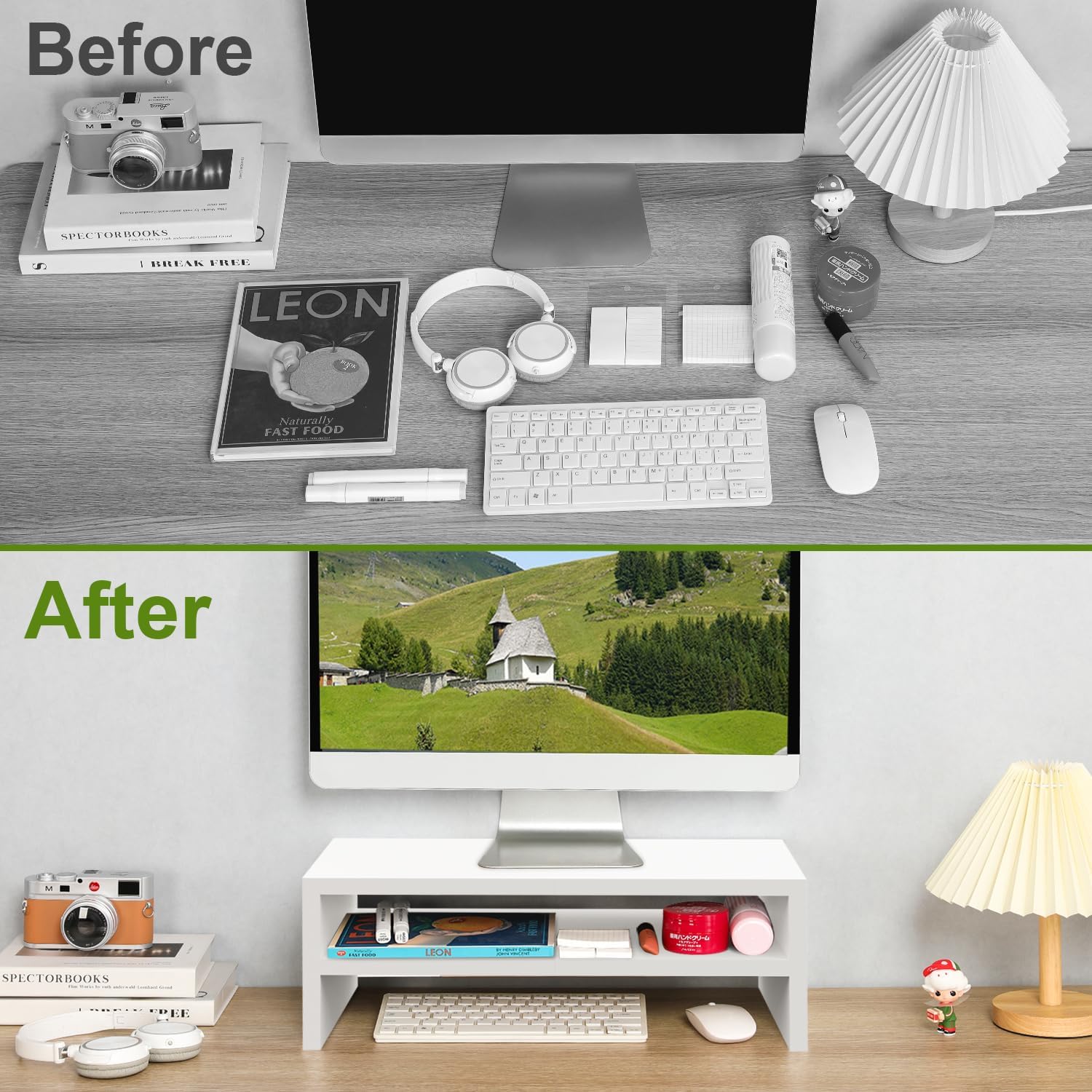 Soporte de madera para monitor de 2 niveles, soporte blanco para computadora