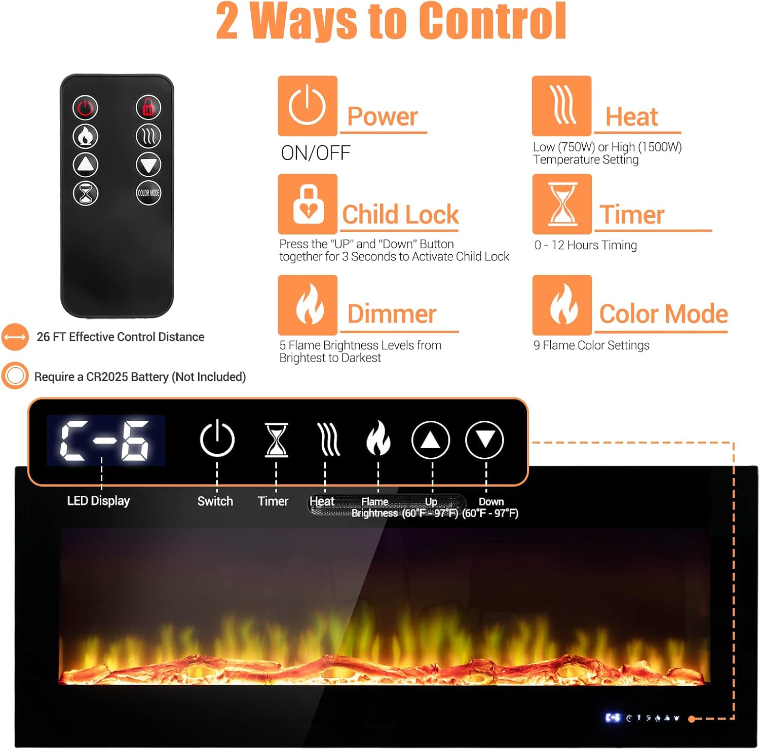 COSTWAY Chimenea eléctrica de 60 pulgadas de ancho, 750 W1500 W empotrada y...