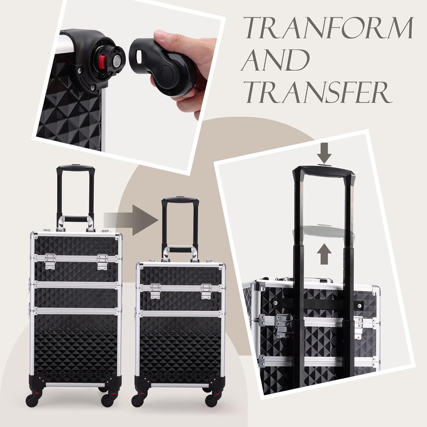 Adazzo 3 en 1 Profesional Rolling Maquillaje Tren Caso de Aluminio con Ruedas...