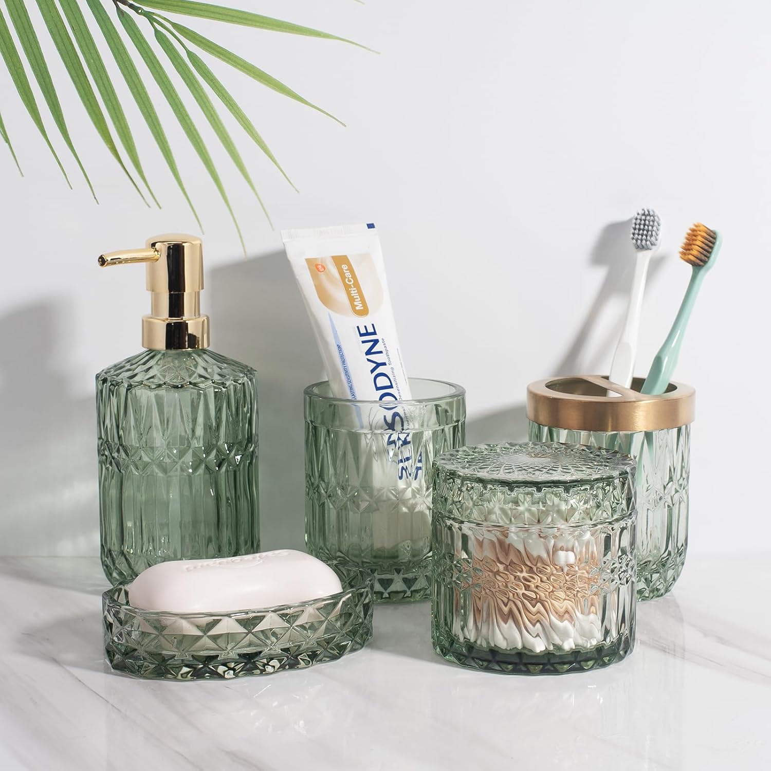 Juego de 5 accesorios de baño de vidrio verde para baño, dispensador de loción,...