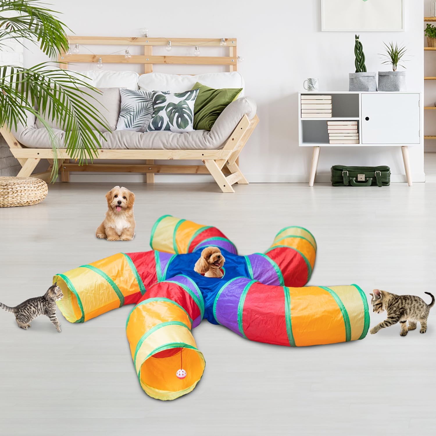 Depets Túnel para gatos de interior, tubo grande de 5 vías para gatos con bola...