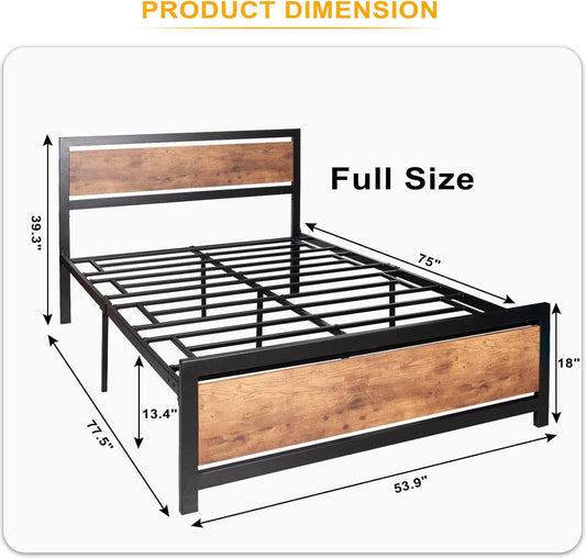 Marco de cama con cabecera de madera industrial y estribo, marco de soporte de...