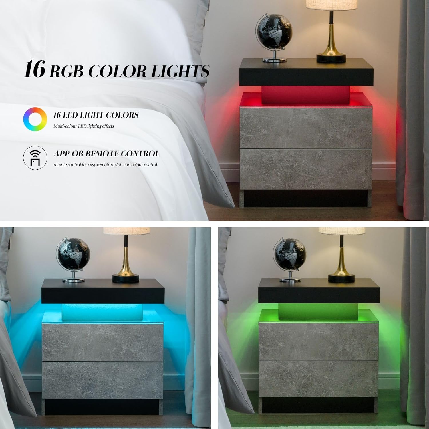 Mesita de noche LED mesita de noche con luces LED, mesa auxiliar moderna con 2...