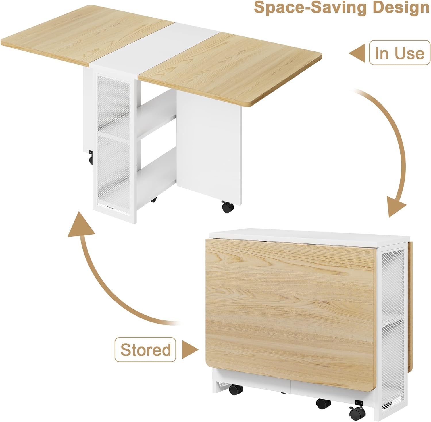 Mesa de comedor plegable que ahorra espacio con 2 niveles de almacenamiento