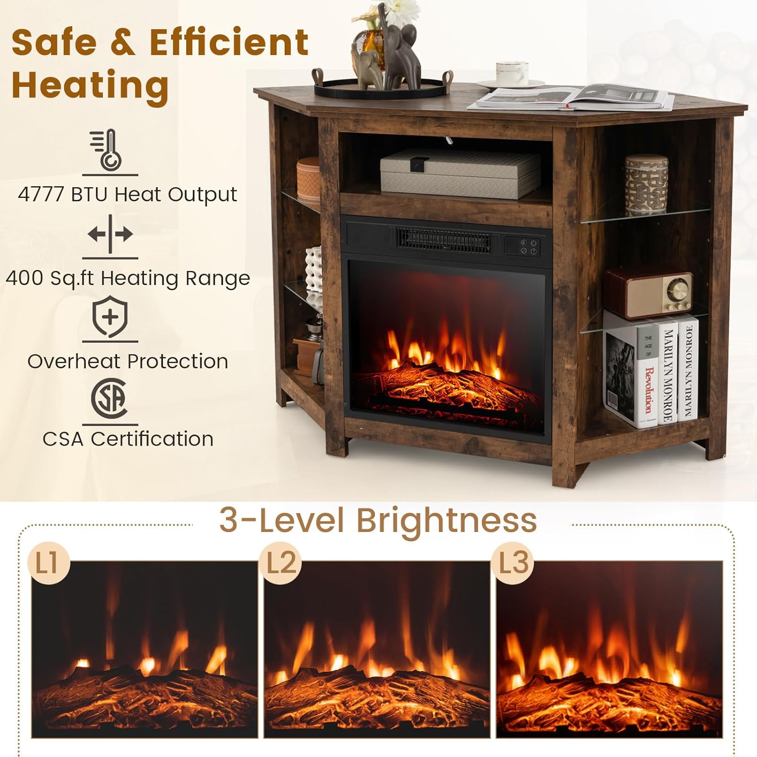 COSTWAY Soporte de TV de esquina con chimenea eléctrica para televisores de...