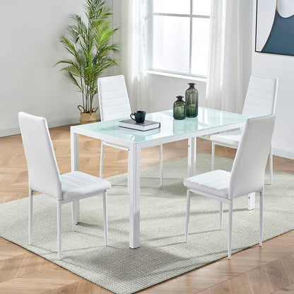 Mesa de comedor rectangular moderna con parte superior de vidrio blanco con