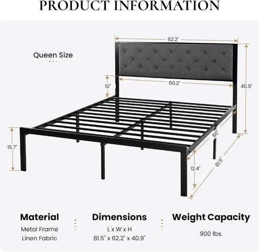 SHA CERLIN Base de cama de metal tamaño Queen, tapizada de tela con cabecera...