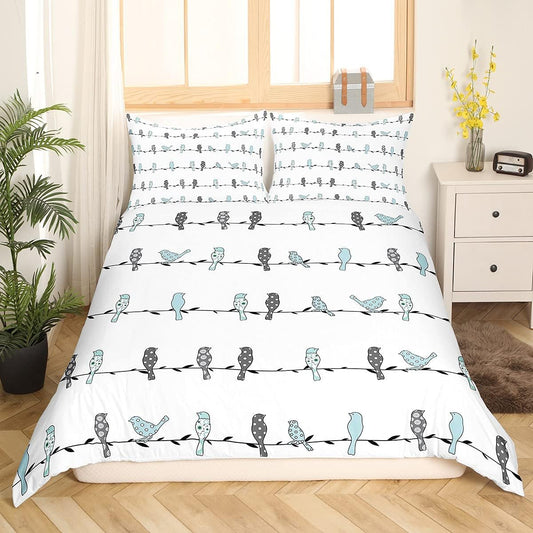 Birlds - Juego de ropa de cama para niñas, diseño bohemio de pájaros azules y...