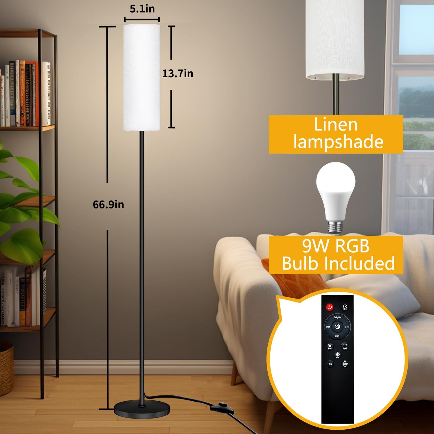 Lámpara De Pie LED Inteligente Con Control De Aplicación Y Colores RGB, Bombilla De 9 W Incluida