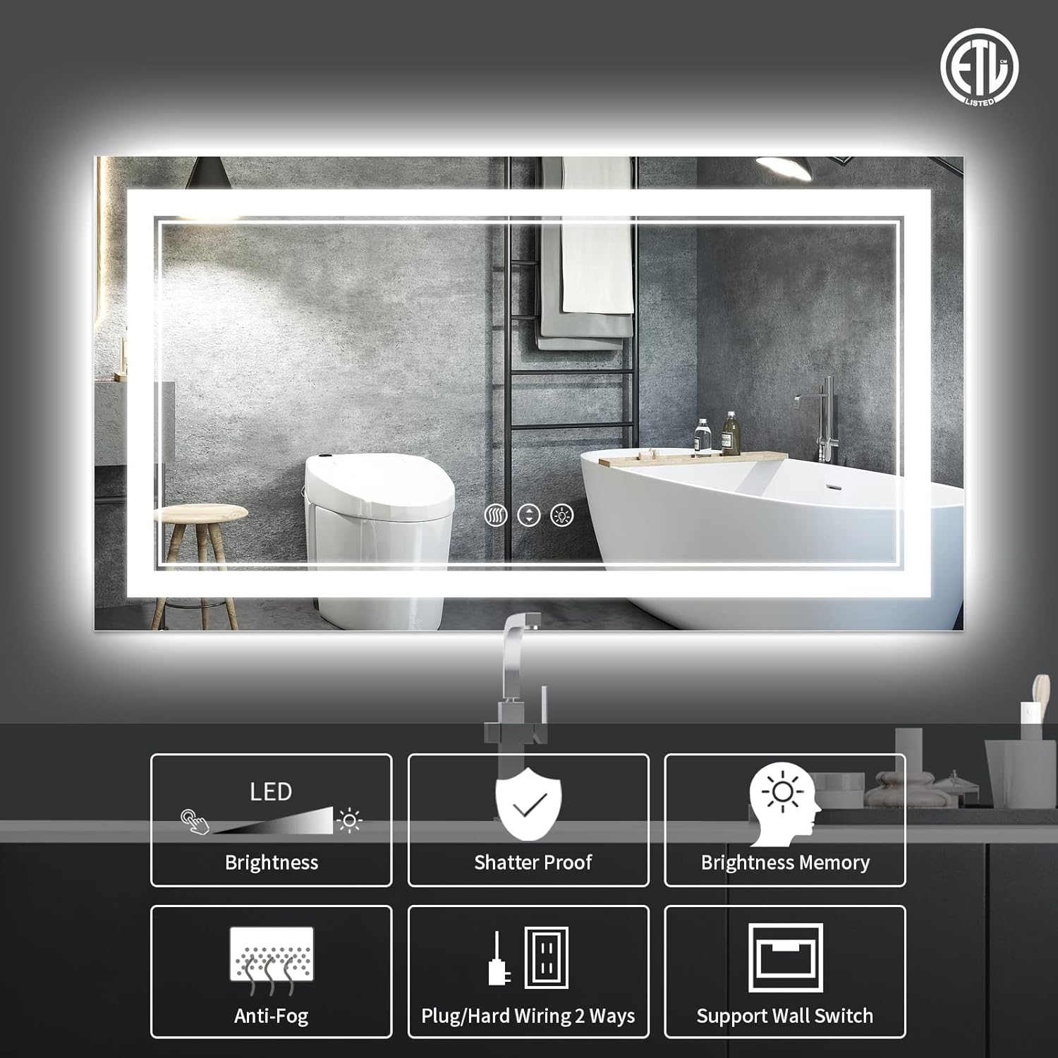 Espejo de baño LED de 55 x 30 pulgadas, retroiluminado y luz delantera,