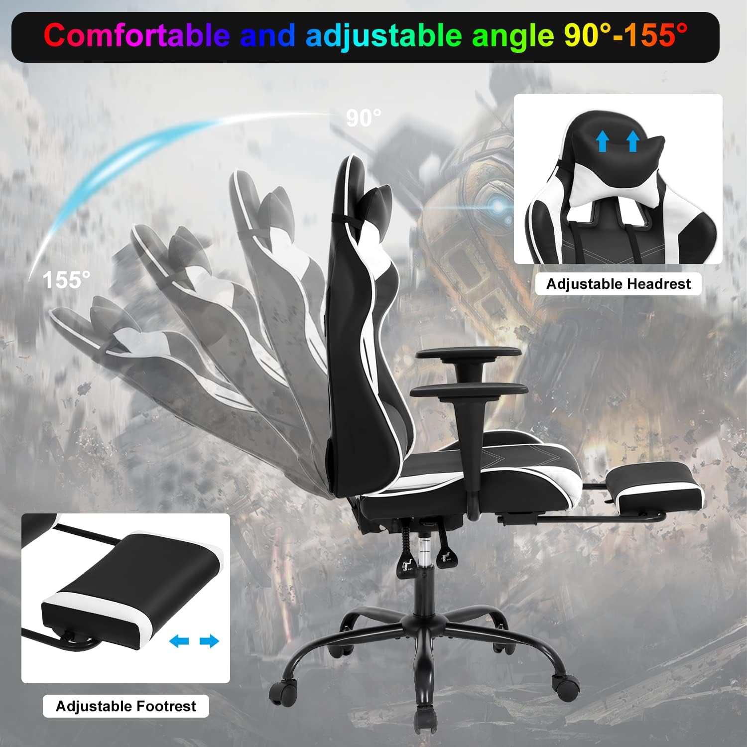 Silla para videojuegos, silla ergonómica para juegos con reposapiés reclinable,...