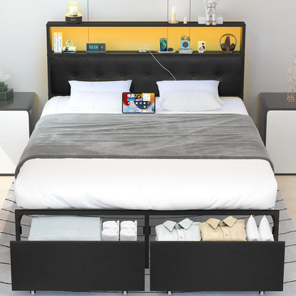 Base de cama Queen con cabecero, marco de cama de plataforma negra tamaño