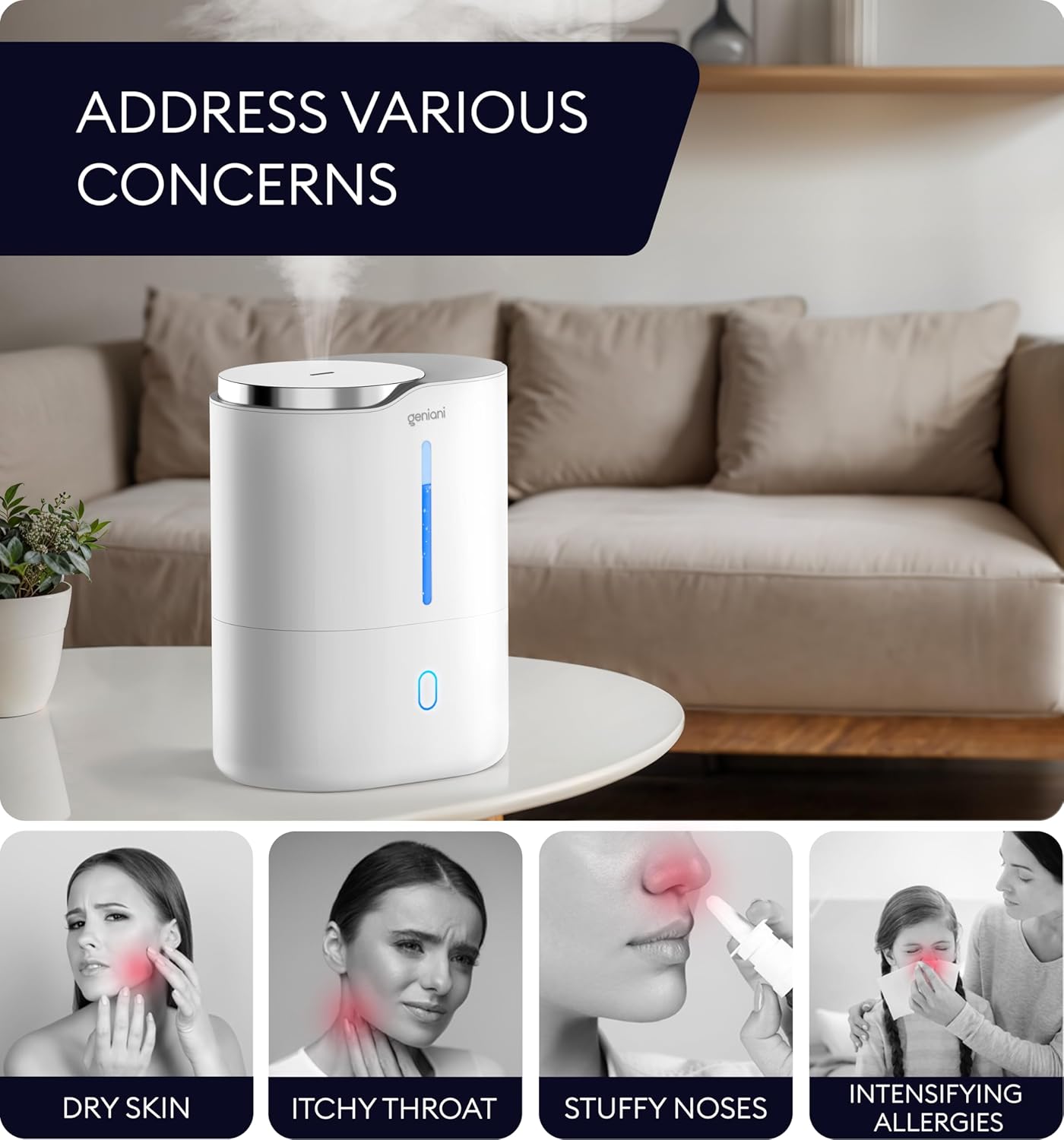 GENIANI Humidificador ultrasónico de niebla fría para dormitorio, habitaciones...