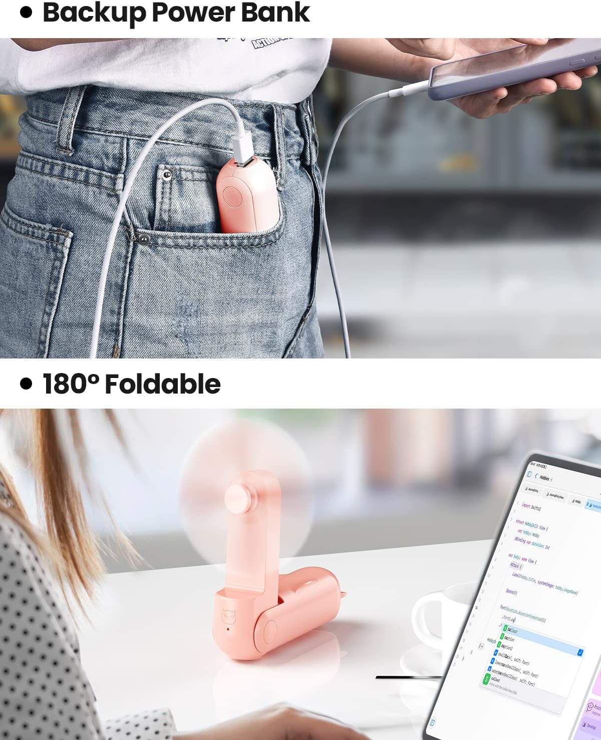 Gaiatop - Ventilador de mano portátil, plegable, mini ventilador con batería...