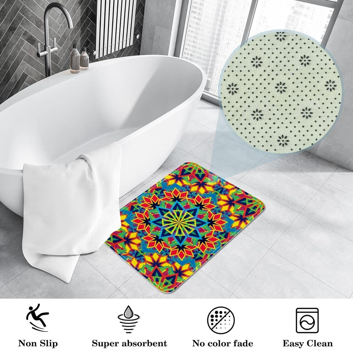 Tapete colorido con patrón de caleidoscopio, tapete duradero para puerta...