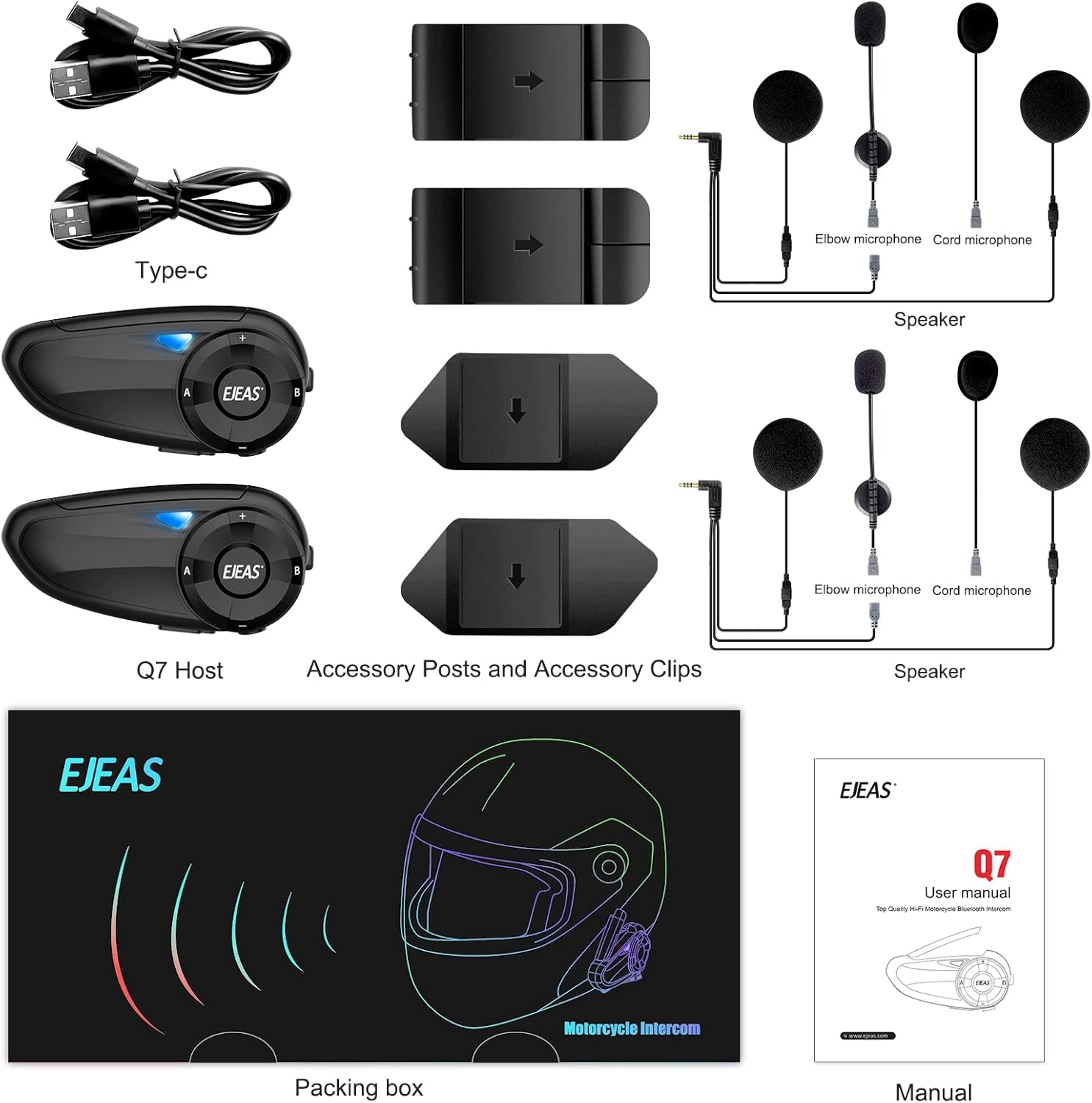 EJEAS Q7 - Intercomunicador de motocicleta mejorado, sistema de comunicación de...