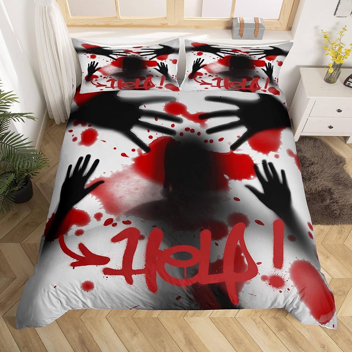 Juego de ropa de cama de Halloween, funda de edredón de manos sangrientas de...