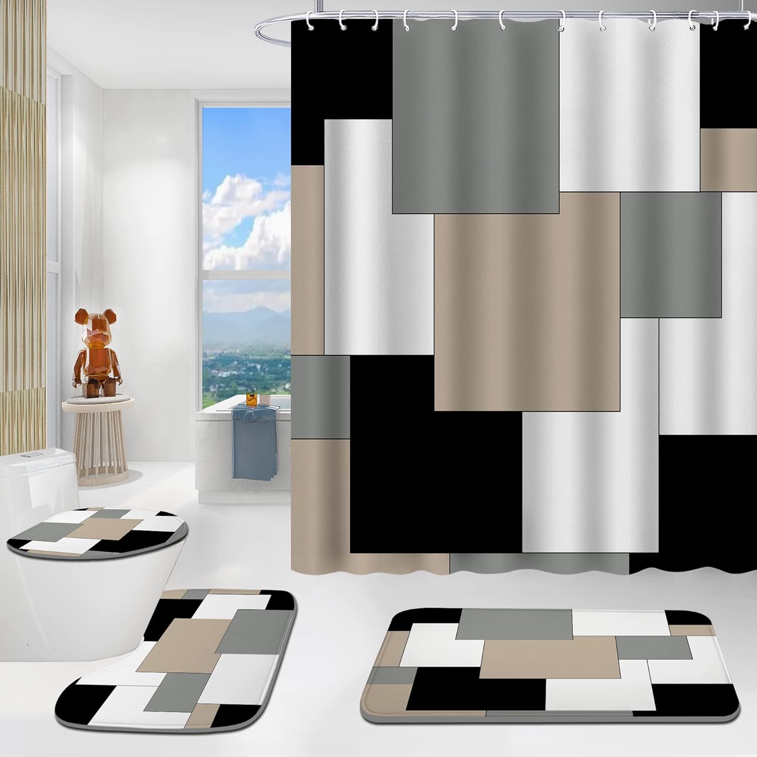 Juego de cortina de ducha gris con cortina de ducha y alfombras, juego de...
