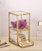 Hipiwe Soporte Qtip de vidrio dorado con tapa, 2 compartimentos, bolas de...