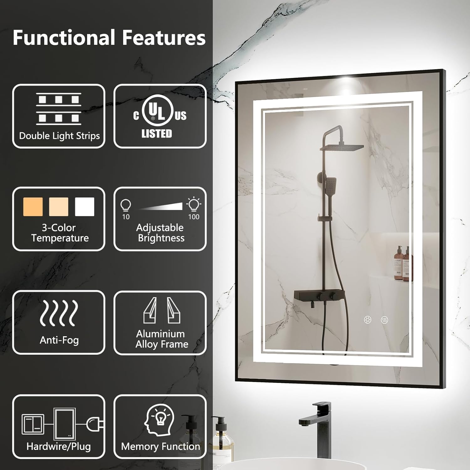 Espejo LED para baño de 20 x 28 pulgadas, espejo de baño LED negro con parte...