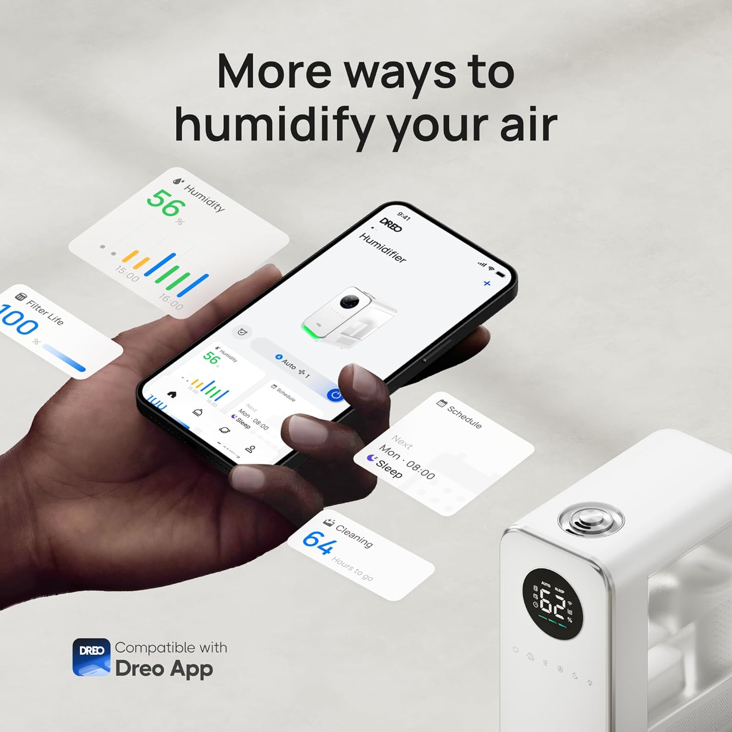 Dreo Humidificadores para dormitorio, humidificador inteligente silencioso de...