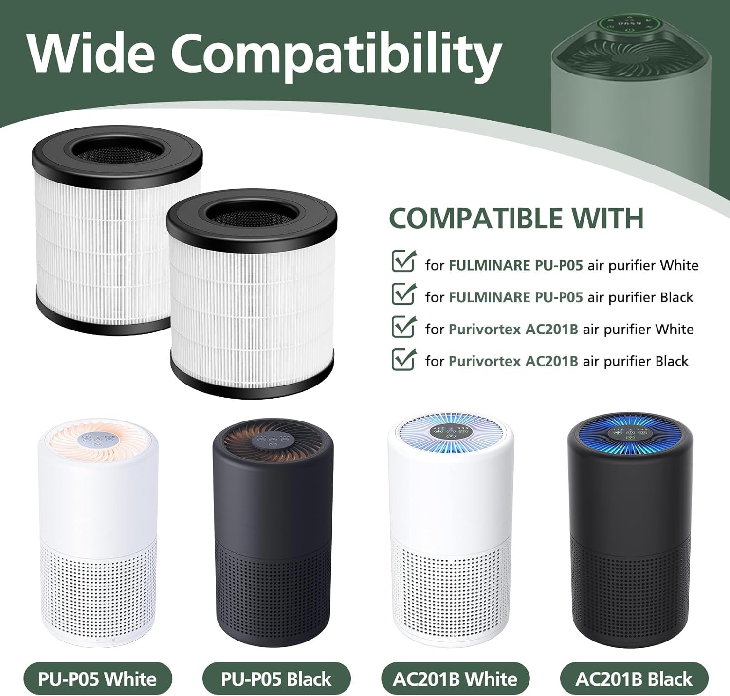 Paquete de 2 filtros de repuesto PU-P05AC201B True HEPA compatibles con