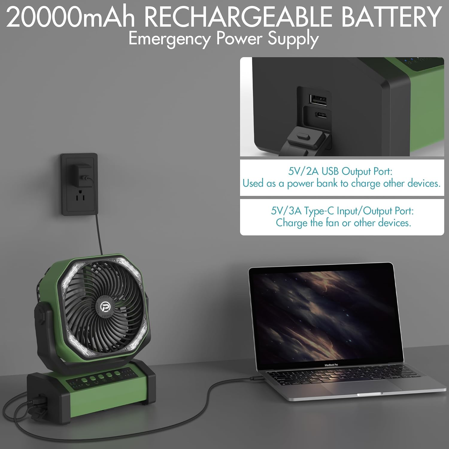PANERGY Ventilador de camping portátil con linterna LED, ventilador USB...