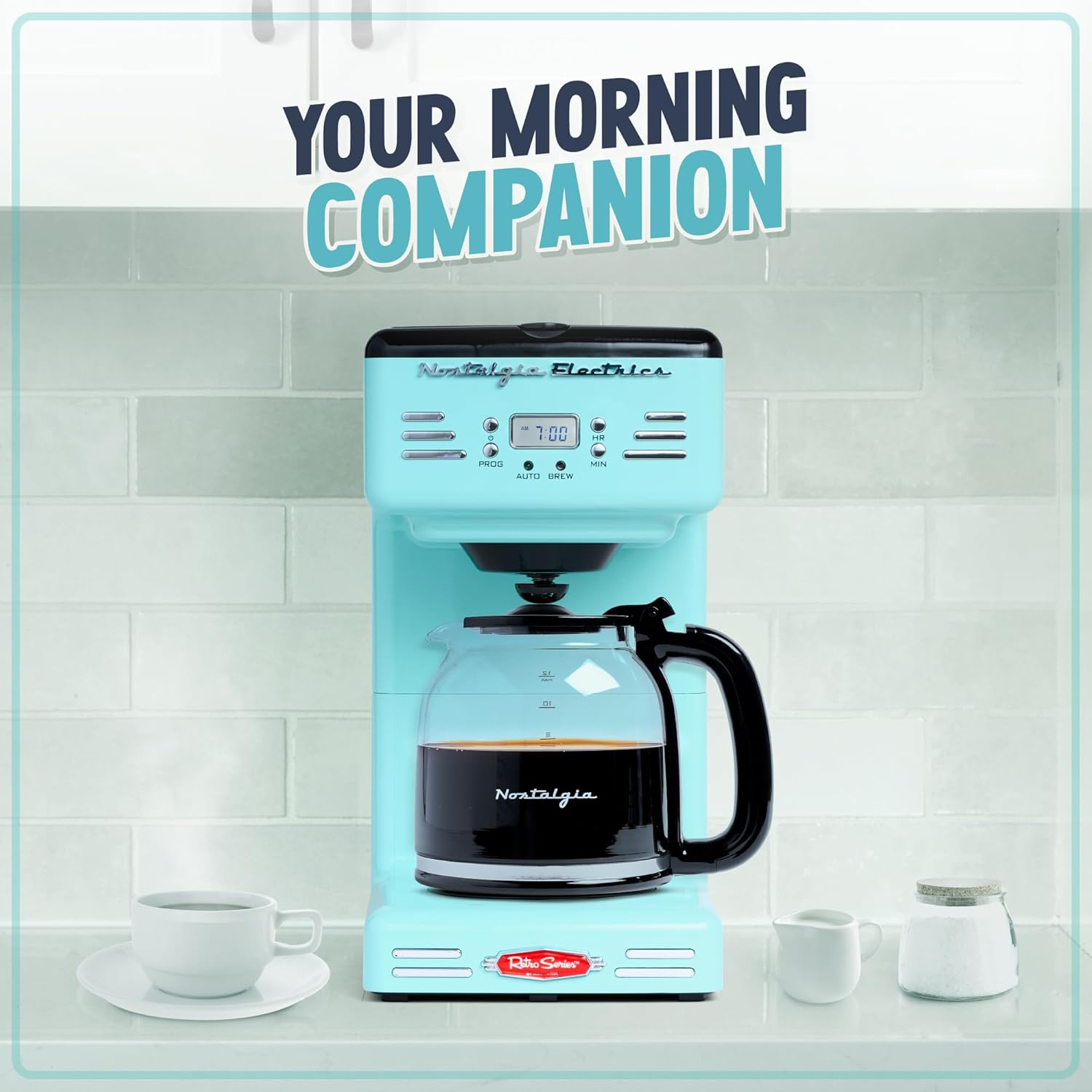 Nostalgia Cafetera programable retro de 12 tazas con pantalla LED, apagado...