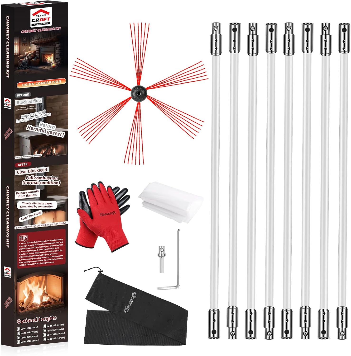 Kit de limpieza de chimenea de 33 pies, kit de limpieza de chimenea con 10...