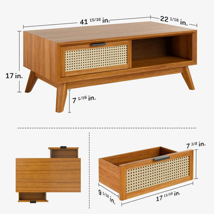 Bme Mesa de centro moderna de madera maciza con almacenamiento, diseño de ratán...