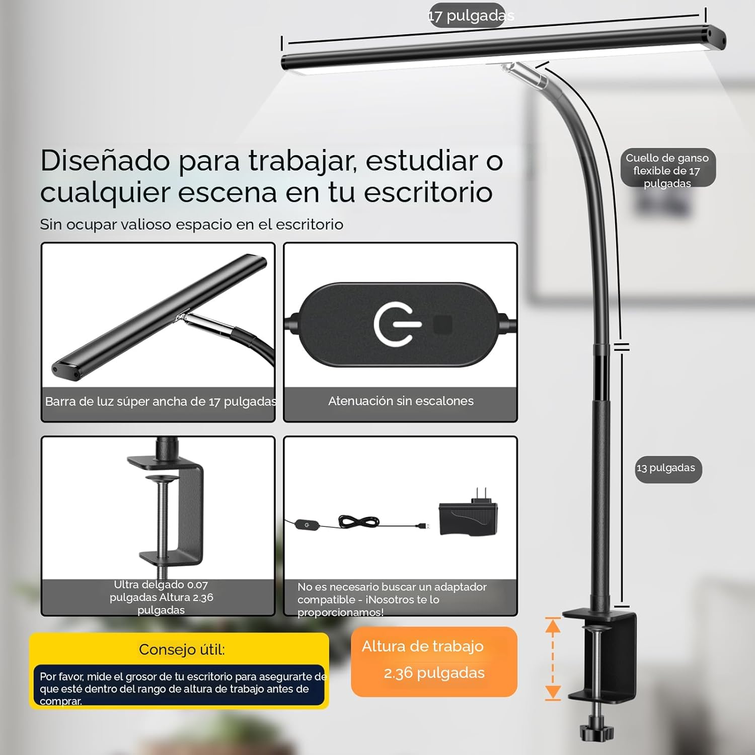 Lámpara De Escritorio LED Para Oficina En Casa, Luz Con Atenuación Continua, Cuello Flexible Ajustable