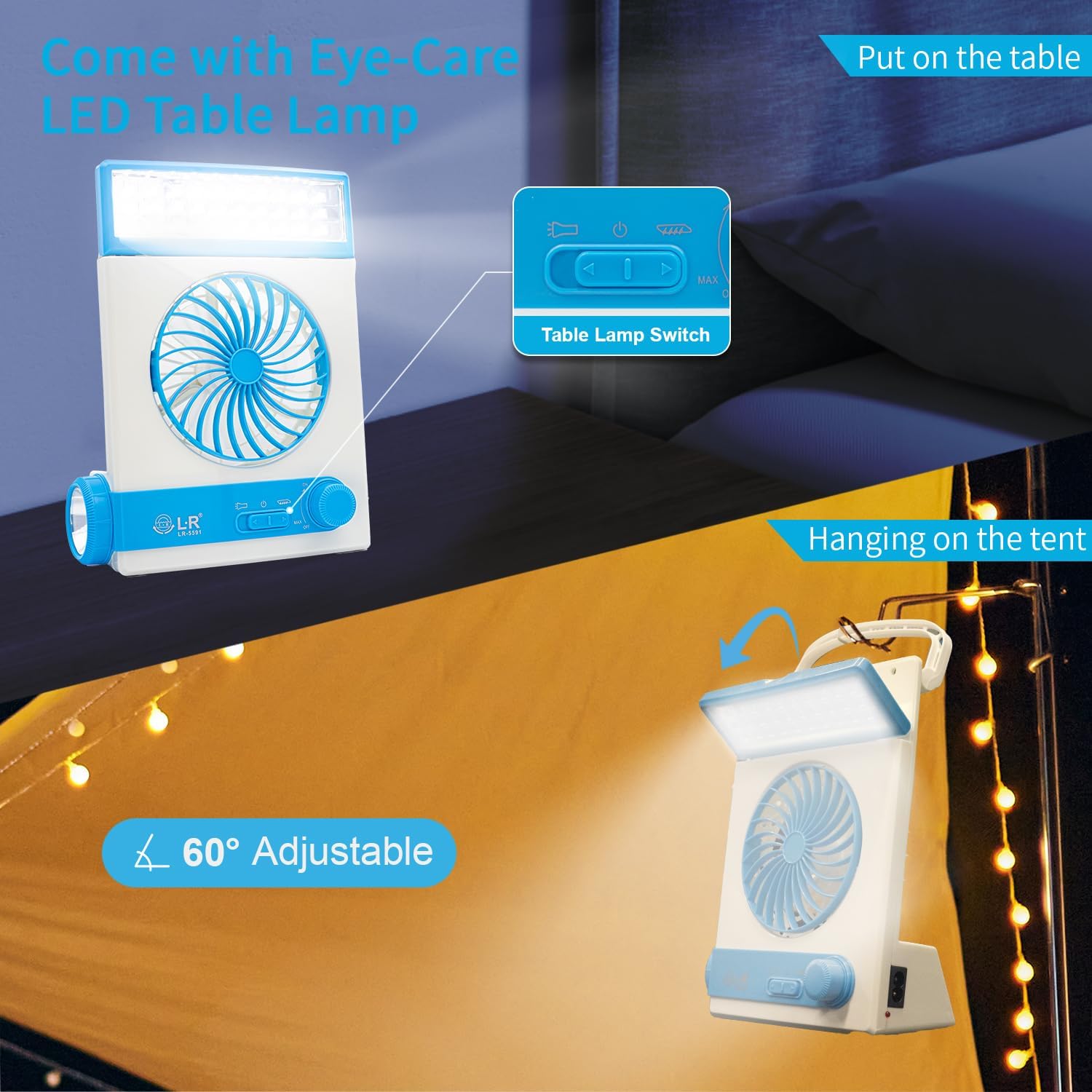 Ventilador solar de mesa 3 en 1 con lámpara LED para cuidar los ojos, linterna...