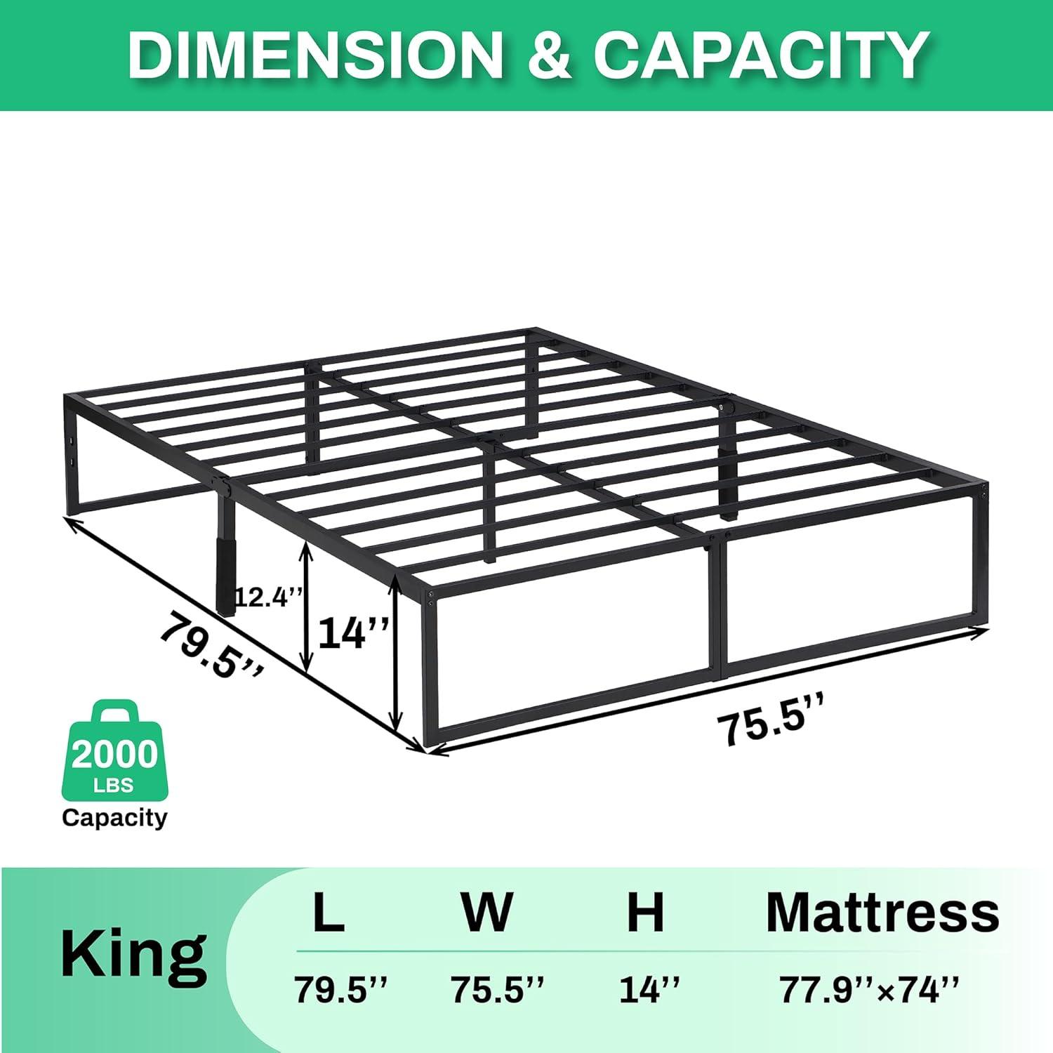 Base de cama de plataforma tamaño King de 14 pulgadas de alto, no necesita