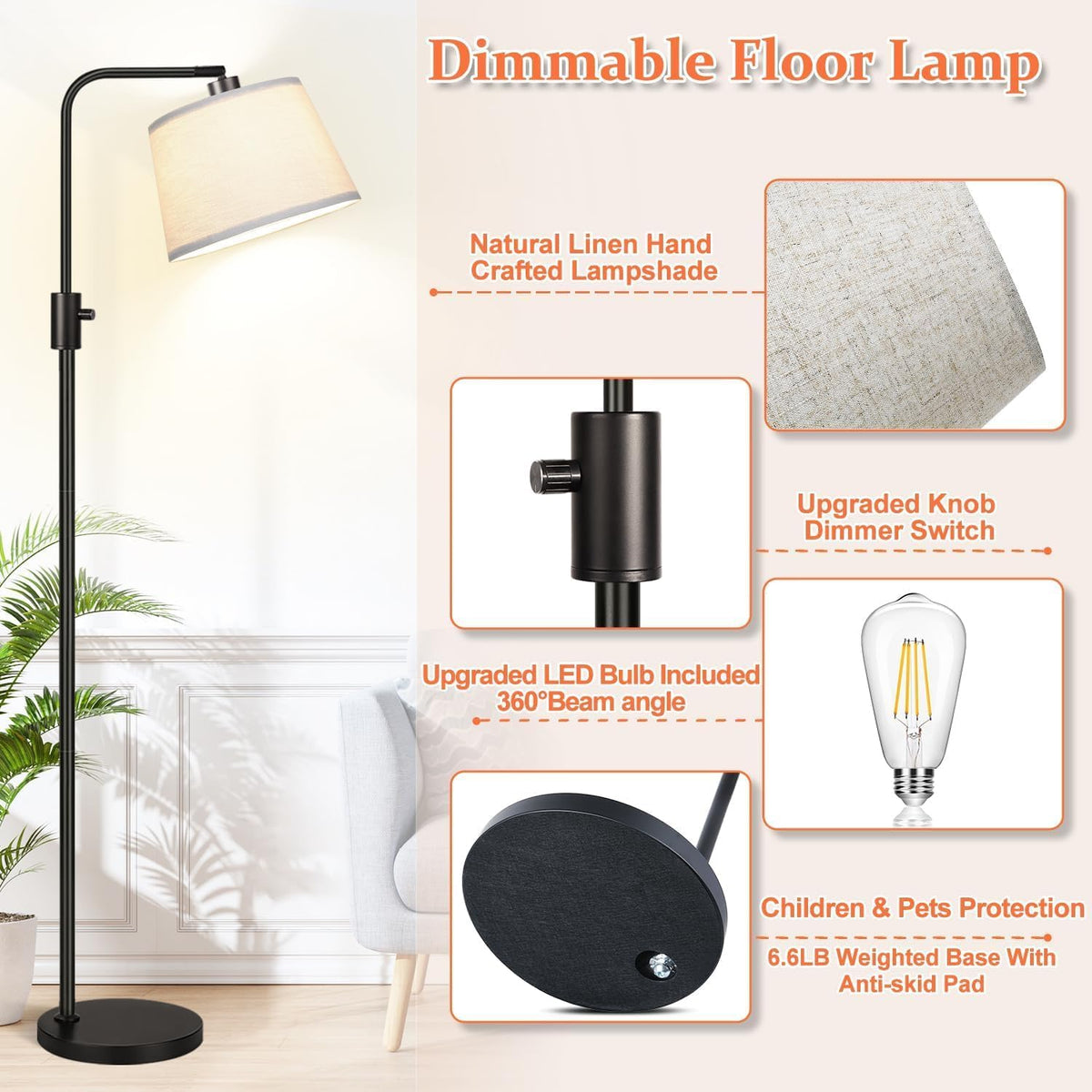Lámpara de Pie Regulable, Bombilla LED Edison de 1000 Lúmenes Incluida