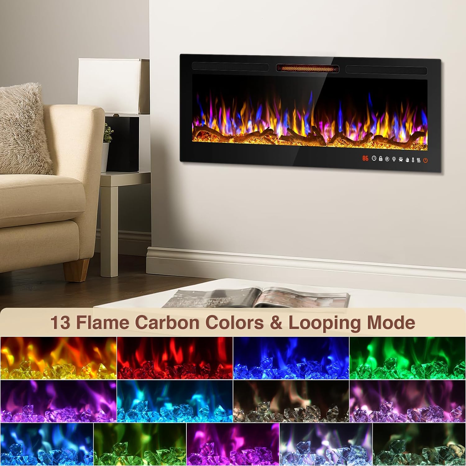Chimenea eléctrica delgada de 60 pulgadas empotrada y montada en la pared,...
