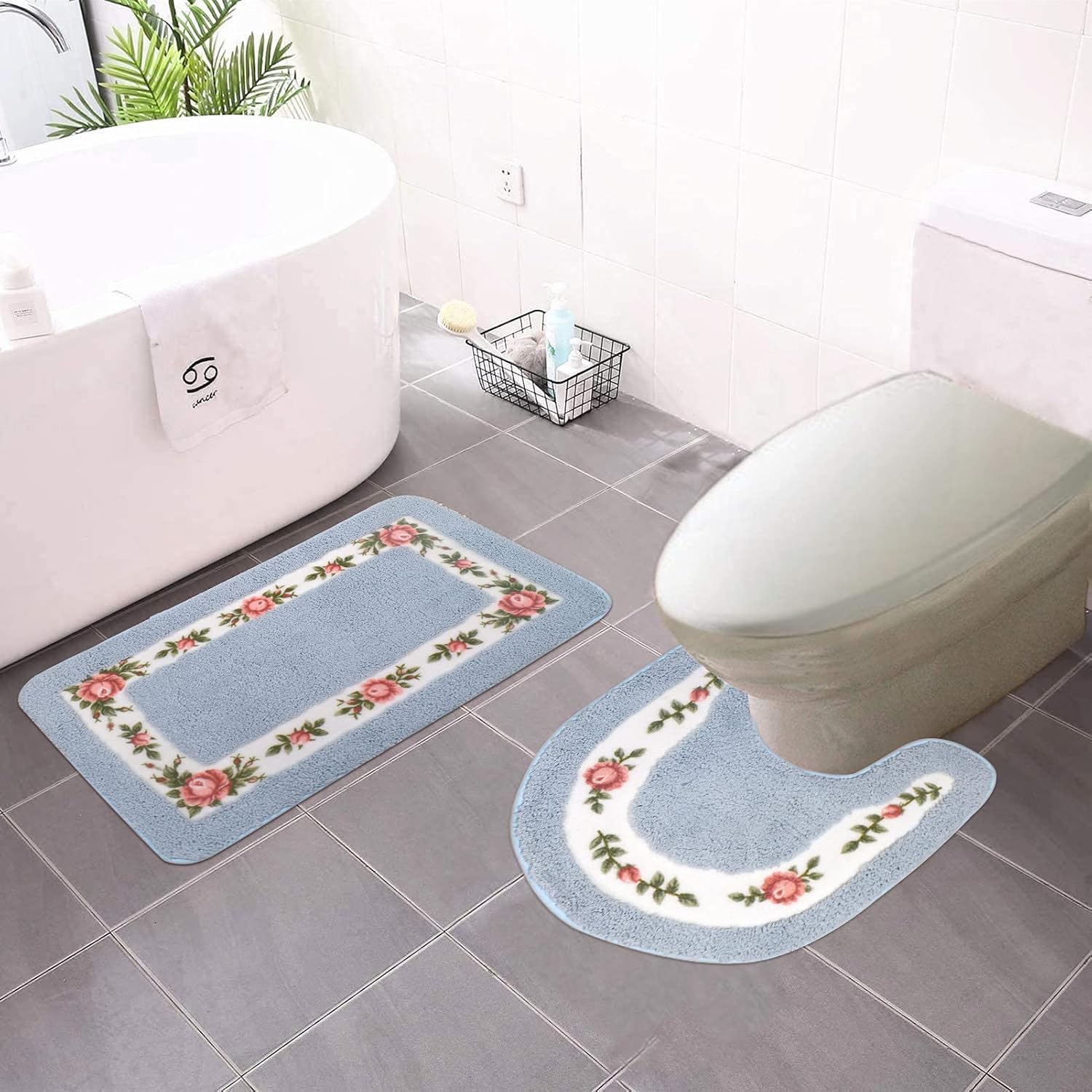ABREEZE Juego de 2 alfombras de baño con diseño floral de rosas, tapete de...
