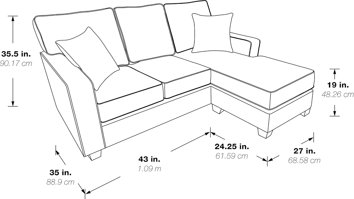 OSP Home Furnishings Russell Sofá seccional reversible con 2 almohadas y patas...