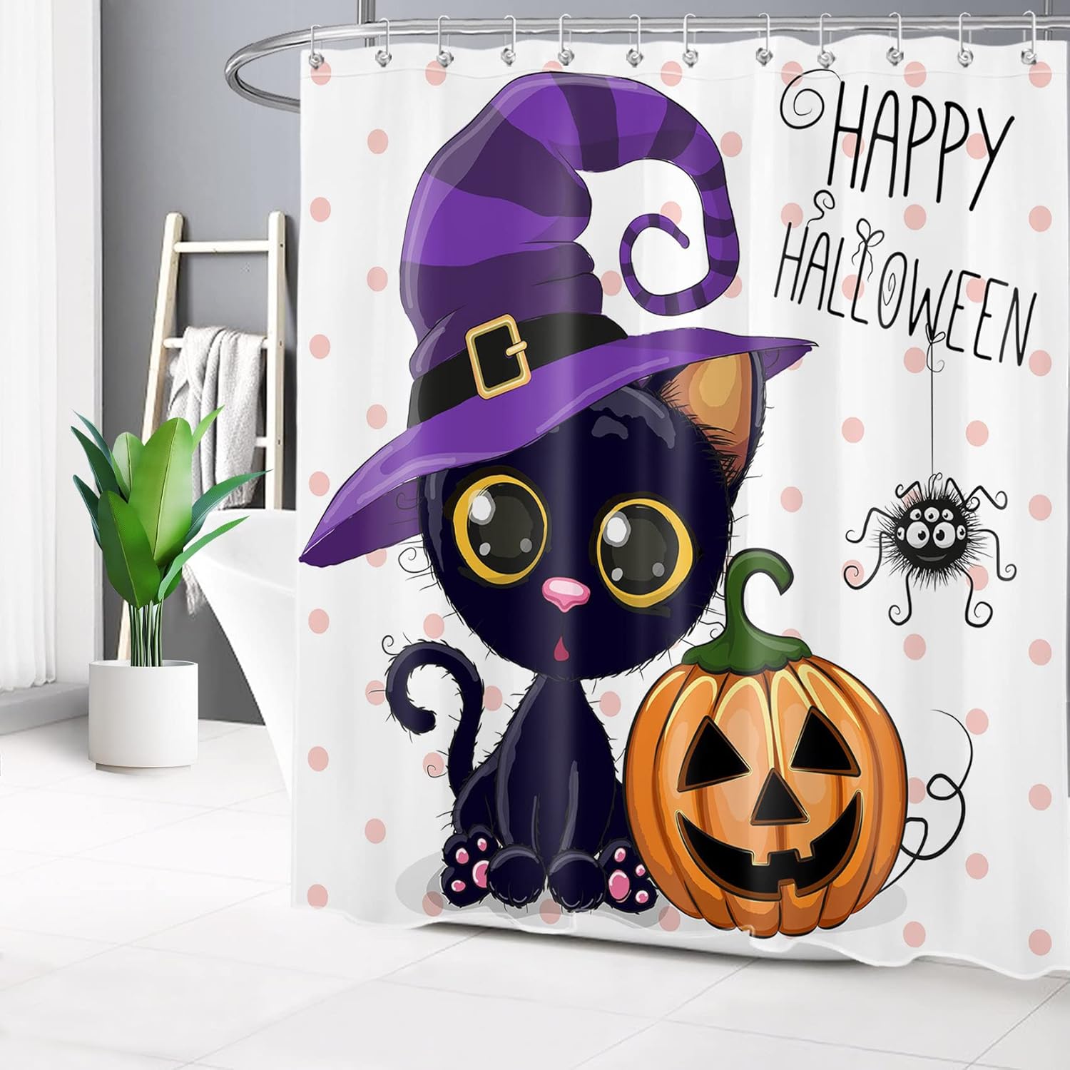 Halloween Pumpkin Shower Curtain Sets with Rugs Cartoon Cat Magic Hat Dots